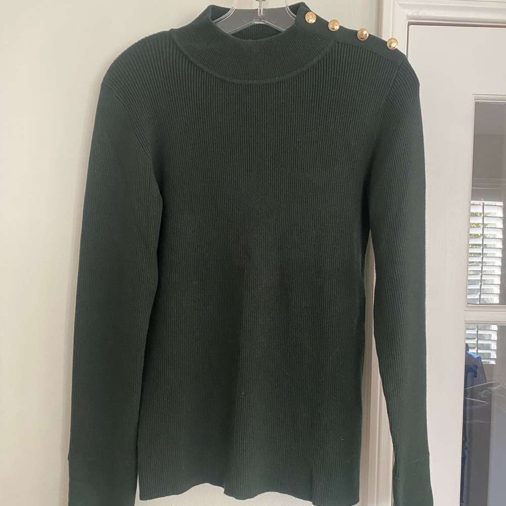 Elie Tahari Dark Green Ribbed Mock Neck Sweater Gold Button Detail Size Large